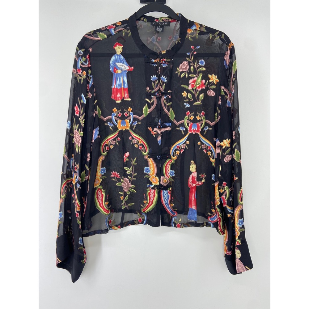 Citron Santa Monica Blouse Women Large Black Sheer Asian Silk Oriental Button